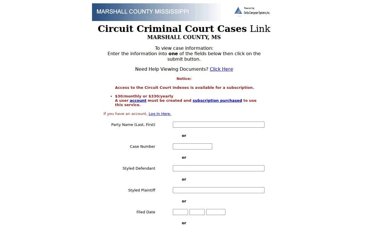 Blank Marshall County Circuit criminal case index form