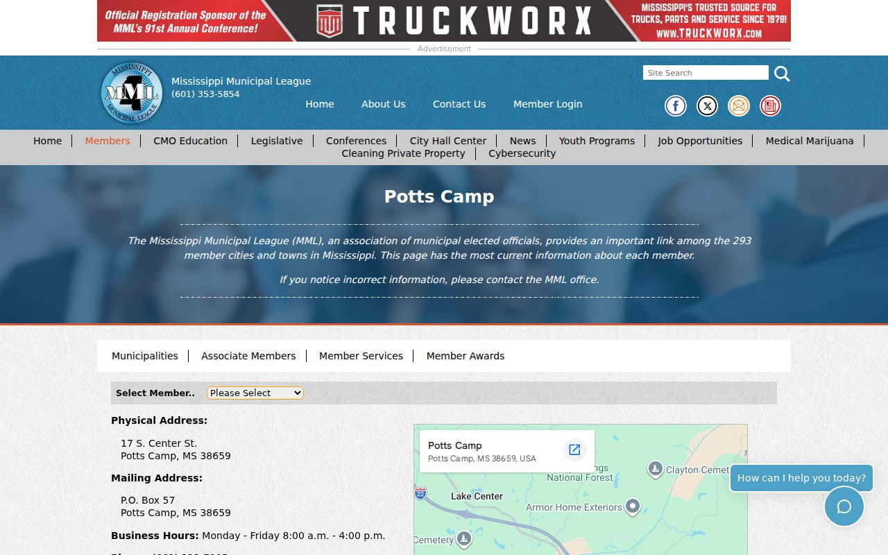Potts Camp municipal profile used for warrant court contact routing